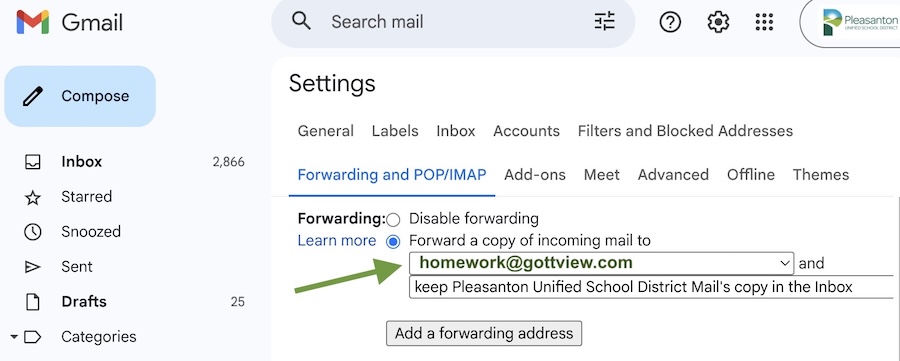 Gmail Forwarding settings — add homework@gottview.com as forwarding address